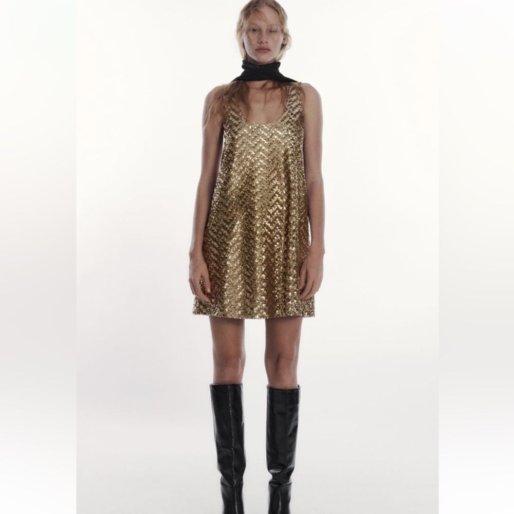 ZARA NWT WOMAN SEQUIN KNIT MINI DRESS GOLDEN SMALL 3920/106/220/000